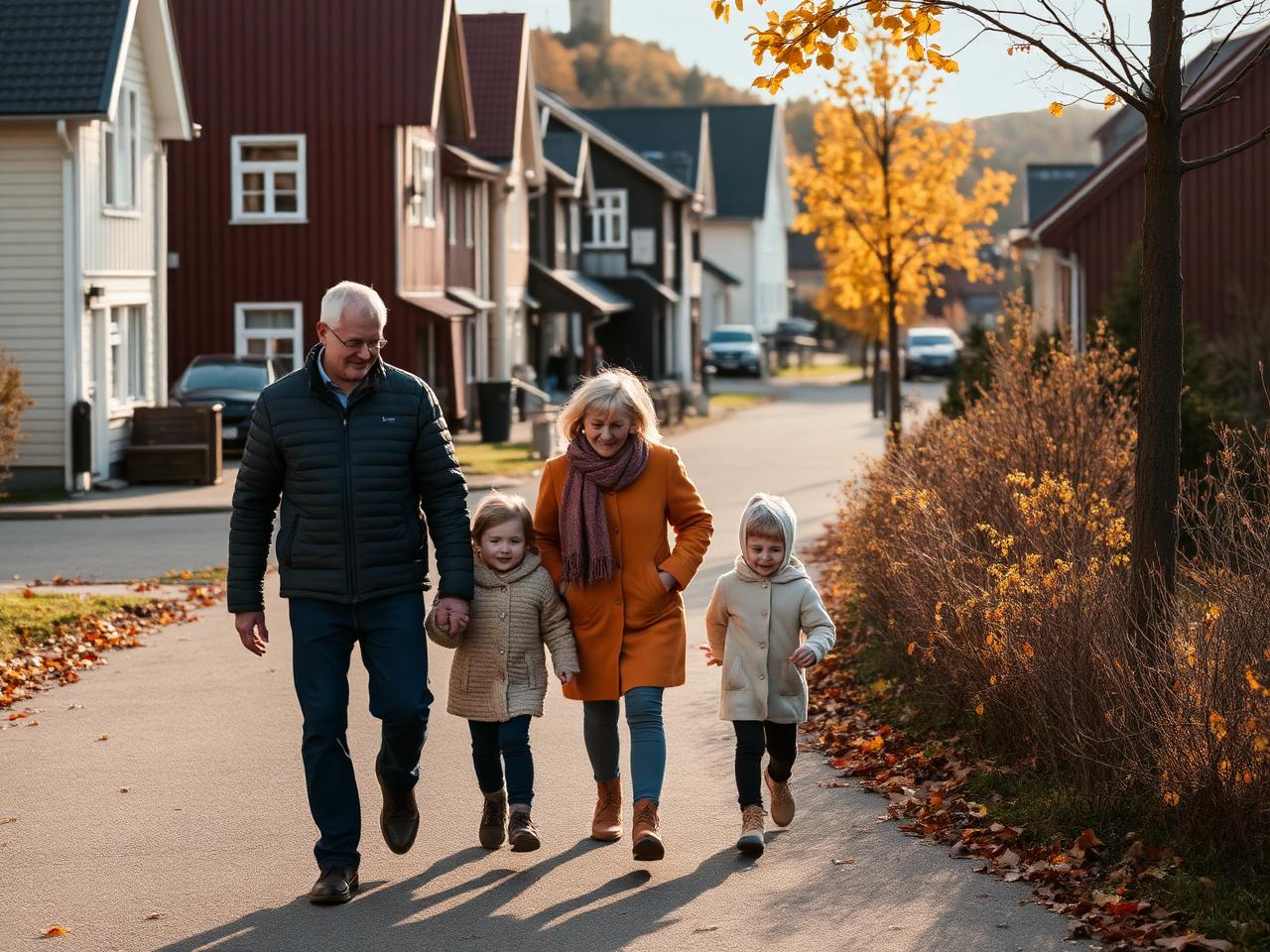 Família caminhando por uma rua residencial norueguesa em um dia de outono