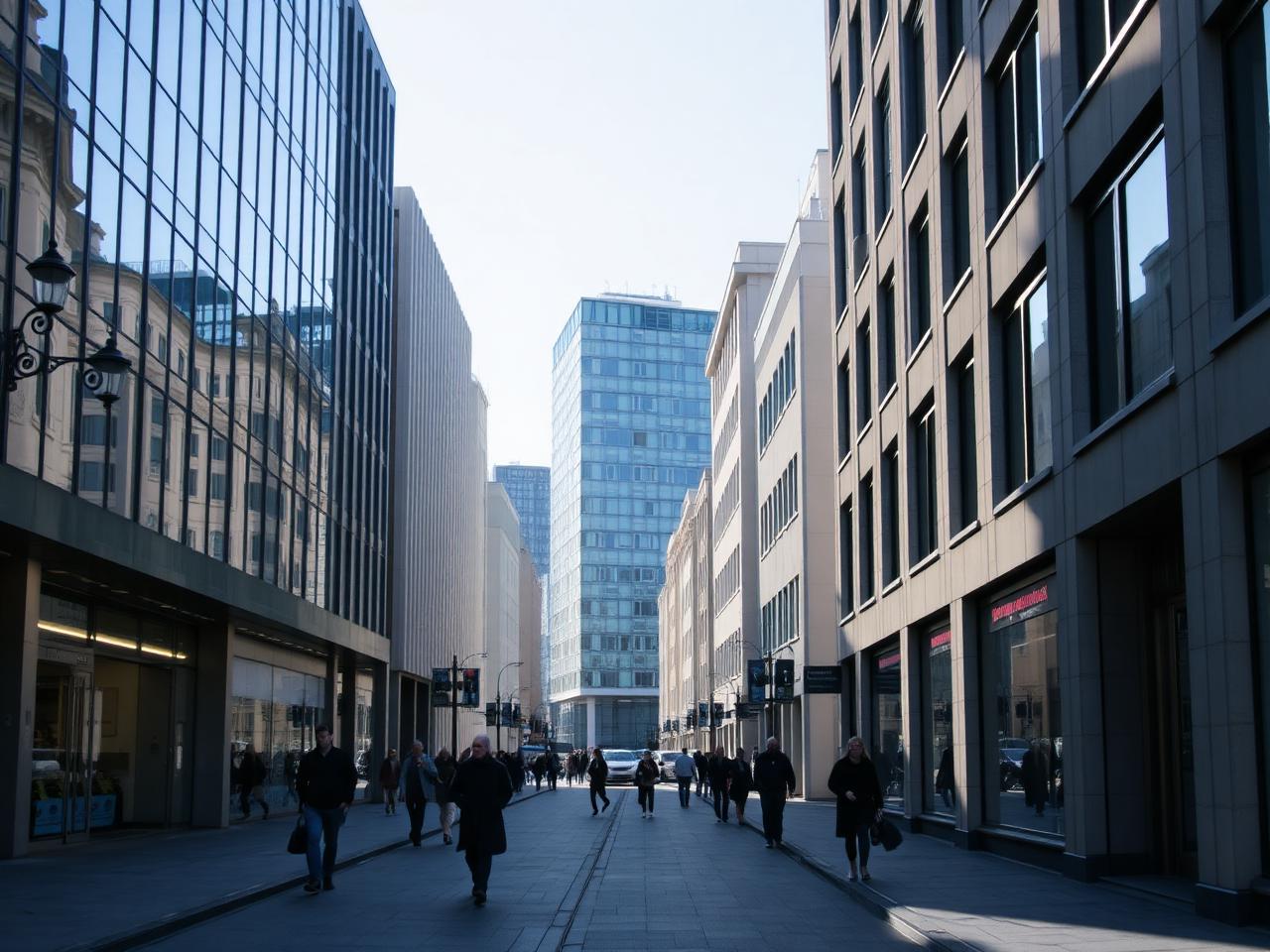 Rua movimentada no centro de Oslo com arquitetura escandinava contemporânea